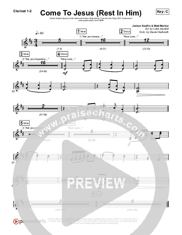 Come To Jesus (Rest In Him) (Choral Anthem SATB) Clarinet 1/2 (Keith & Kristyn Getty / Jordan Kauflin / Matt Merker / Arr. Luke Gambill)