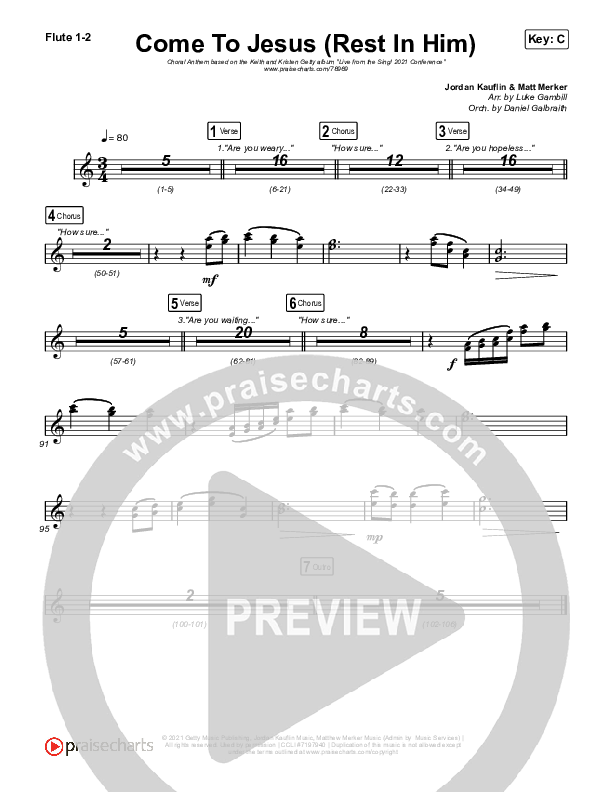 Come To Jesus (Rest In Him) (Choral Anthem SATB) Flute 1,2 (Keith & Kristyn Getty / Jordan Kauflin / Matt Merker / Arr. Luke Gambill)