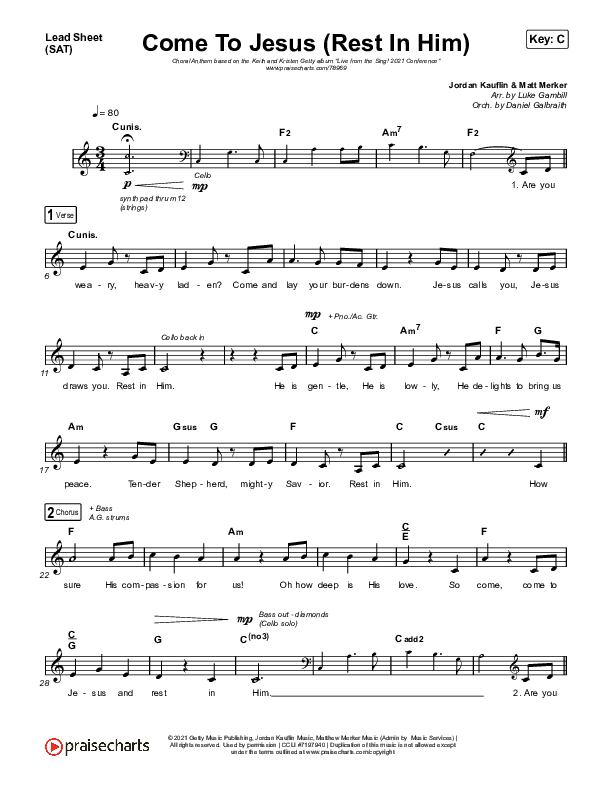 Come To Jesus (Rest In Him) (Choral Anthem SATB) Lead Sheet (SAT) (Keith & Kristyn Getty / Jordan Kauflin / Matt Merker / Arr. Luke Gambill)