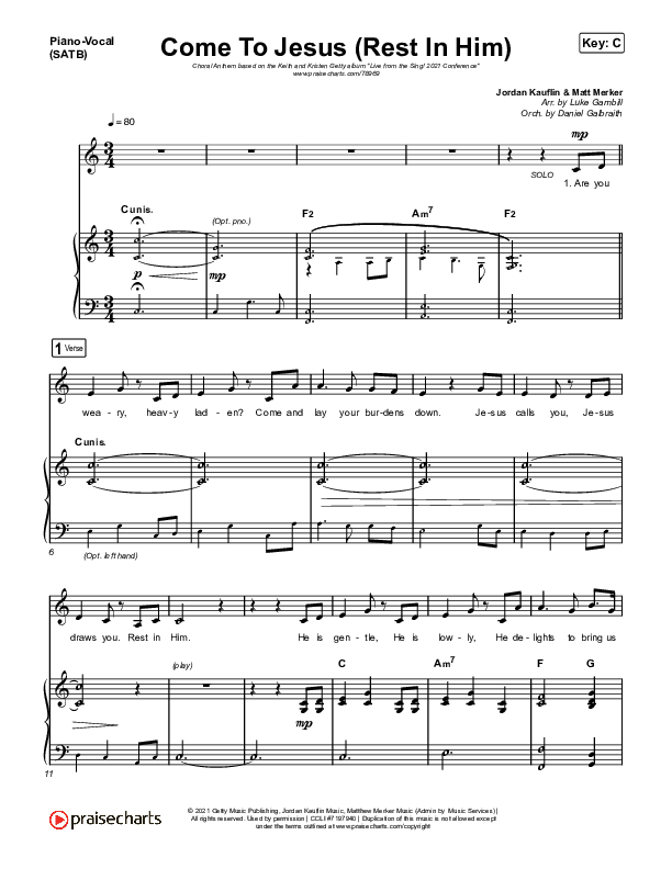Come To Jesus (Rest In Him) (Choral Anthem) Anthem (SATB + Piano) (Keith & Kristyn Getty / Jordan Kauflin / Matt Merker / Arr. Luke Gambill)