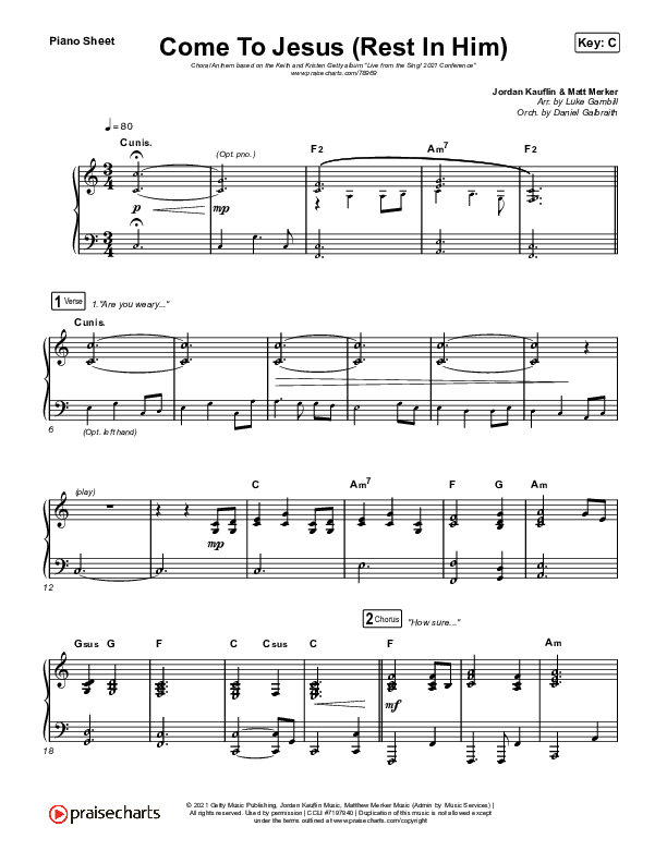 Come To Jesus (Rest In Him) (Choral Anthem SATB) Piano Sheet (Keith & Kristyn Getty / Jordan Kauflin / Matt Merker / Arr. Luke Gambill)