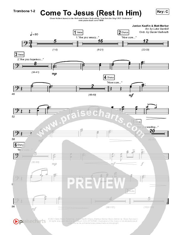 Come To Jesus (Rest In Him) (Choral Anthem SATB) Trombone 1,2 (Keith & Kristyn Getty / Jordan Kauflin / Matt Merker / Arr. Luke Gambill)