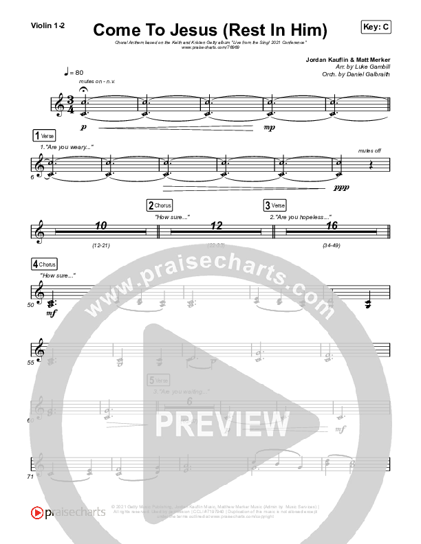 Come To Jesus (Rest In Him) (Choral Anthem SATB) Violin 1,2 (Keith & Kristyn Getty / Jordan Kauflin / Matt Merker / Arr. Luke Gambill)