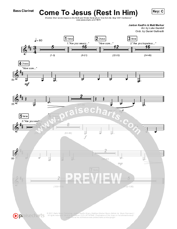Come To Jesus (Rest In Him) (Worship Choir SAB) Bass Clarinet (Keith & Kristyn Getty / Jordan Kauflin / Matt Merker / Arr. Luke Gambill)