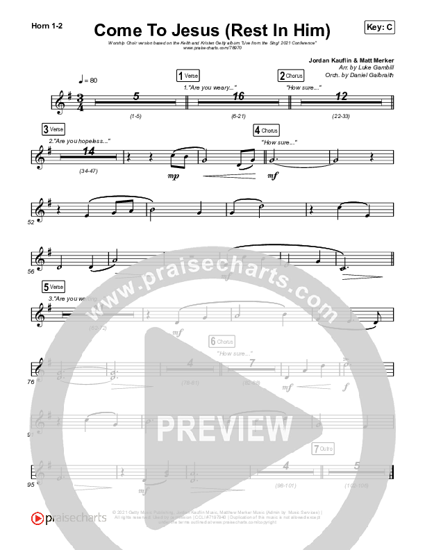 Come To Jesus (Rest In Him) (Worship Choir SAB) French Horn 1/2 (Keith & Kristyn Getty / Jordan Kauflin / Matt Merker / Arr. Luke Gambill)