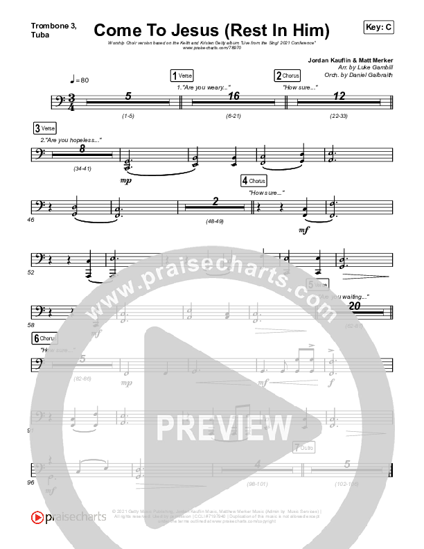 Come To Jesus (Rest In Him) (Worship Choir SAB) Trombone 3/Tuba (Keith & Kristyn Getty / Jordan Kauflin / Matt Merker / Arr. Luke Gambill)