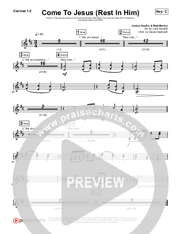 Come To Jesus (Rest In Him) (Unison/2-Part Choir) Clarinet 1/2 (Keith & Kristyn Getty / Jordan Kauflin / Matt Merker / Arr. Luke Gambill)