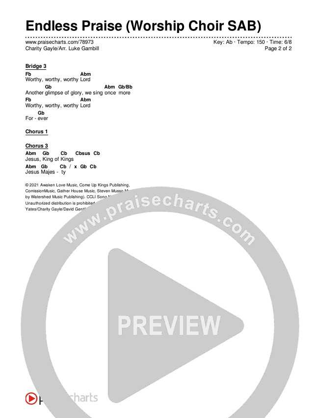 Endless Praise (Worship Choir SAB) Chords & Lyrics (Charity Gayle / Arr. Luke Gambill)