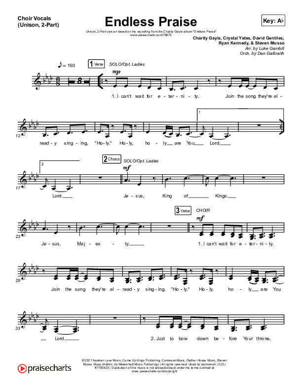 Endless Praise (Unison/2-Part Choir) Choir Vocals (Uni/2-Part) (Charity Gayle / Arr. Luke Gambill)