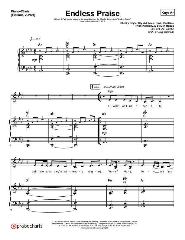 Endless Praise (Unison/2-Part Choir) Piano/Choir  (Uni/2-Part) (Charity Gayle / Arr. Luke Gambill)