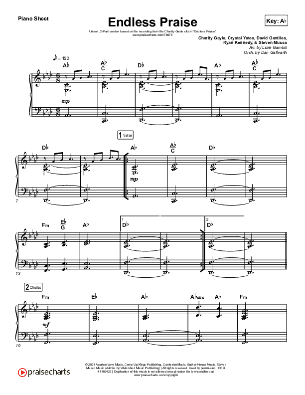 Endless Praise (Unison/2-Part Choir) Piano Sheet (Charity Gayle / Arr. Luke Gambill)