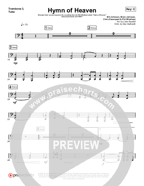 Hymn Of Heaven (Worship Choir SAB) Trombone 3/Tuba (Phil Wickham / Arr. Luke Gambill)