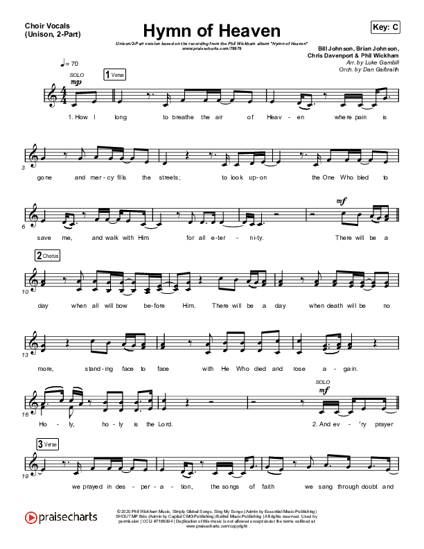 Hymn Of Heaven (Unison/2-Part Choir) Choir Vocals (Uni/2-Part) (Phil Wickham / Arr. Luke Gambill)
