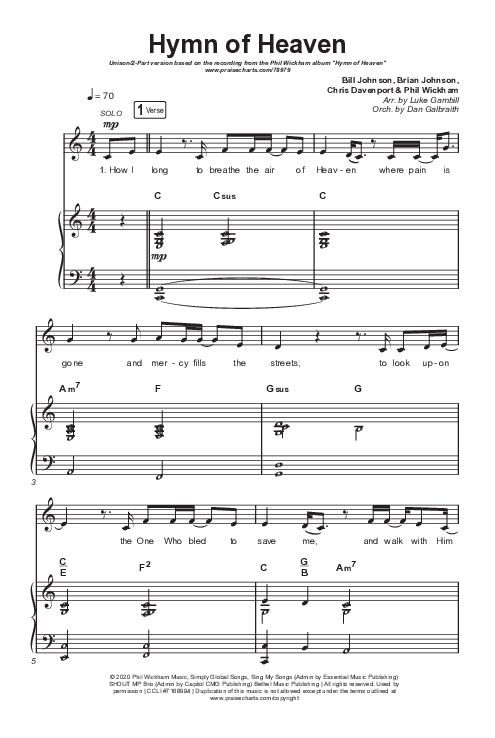 Hymn Of Heaven (Unison/2-Part Choir) Octavo (Uni/2-Part & Pno) (Phil Wickham / Arr. Luke Gambill)