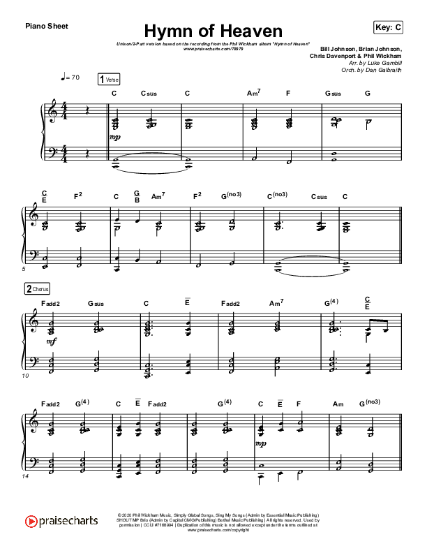 Hymn Of Heaven (Unison/2-Part Choir) Piano Sheet (Phil Wickham / Arr. Luke Gambill)