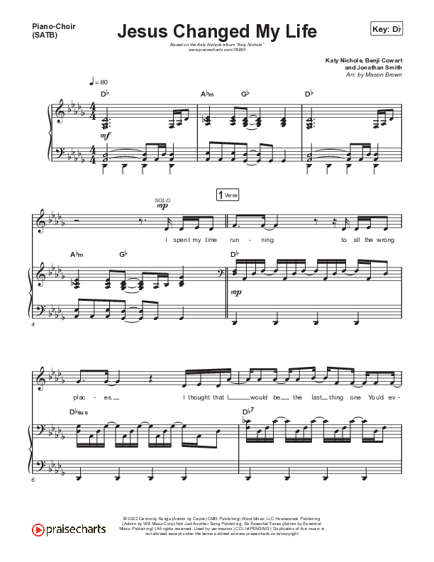 Jesus Changed My Life Piano/Vocal (SATB) (Katy Nichole)