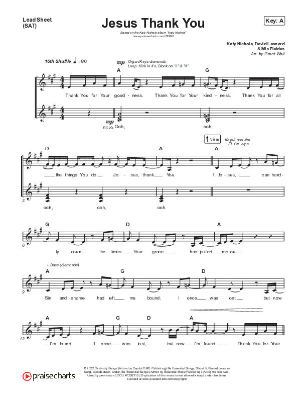 Jesus Thank You Lead Sheet (SAT) (Katy Nichole)