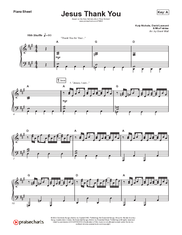 Jesus Thank You Piano Sheet (Katy Nichole)