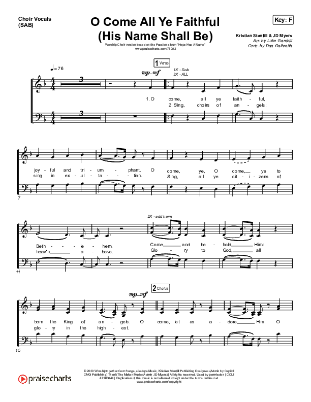 O Come All Ye Faithful (His Name Shall Be) (Worship Choir SAB) Choir Sheet (SAB) (Passion / Melodie Malone / Arr. Luke Gambill)