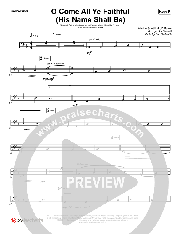 O Come All Ye Faithful (His Name Shall Be) (Unison/2-Part Choir) Cello/Bass (Passion / Melodie Malone / Arr. Luke Gambill)