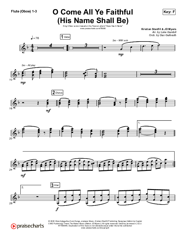 O Come All Ye Faithful (His Name Shall Be) (Sing It Now SATB) Flute/Oboe 1/2/3 (Passion / Melodie Malone / Arr. Luke Gambill)