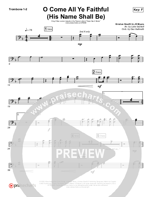 O Come All Ye Faithful (His Name Shall Be) (Sing It Now SATB) Trombone 1/2 (Passion / Melodie Malone / Arr. Luke Gambill)