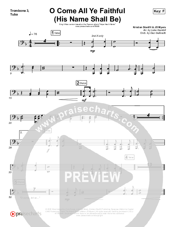 O Come All Ye Faithful (His Name Shall Be) (Sing It Now SATB) Trombone 3/Tuba (Passion / Melodie Malone / Arr. Luke Gambill)
