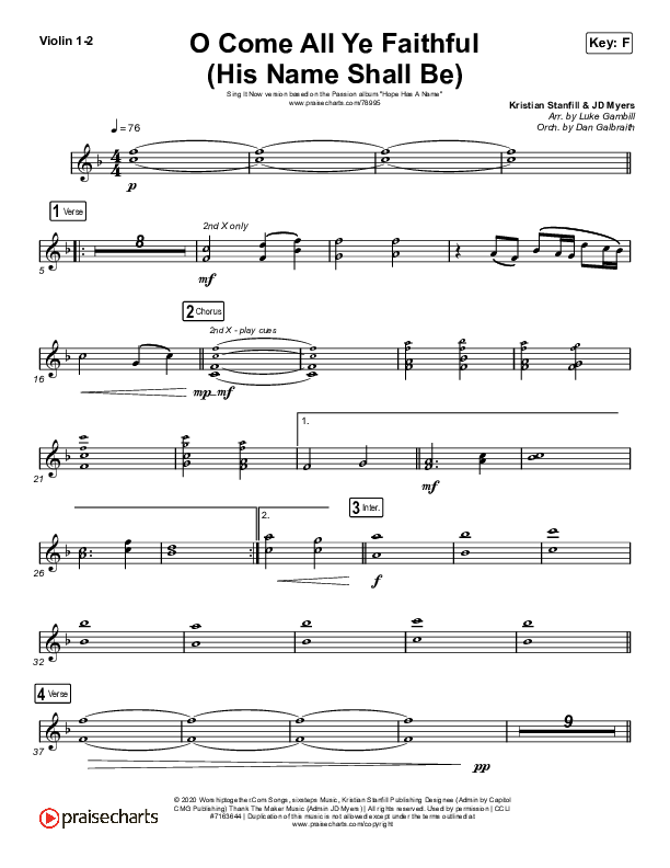 O Come All Ye Faithful (His Name Shall Be) (Sing It Now SATB) Violin 1/2 (Passion / Melodie Malone / Arr. Luke Gambill)