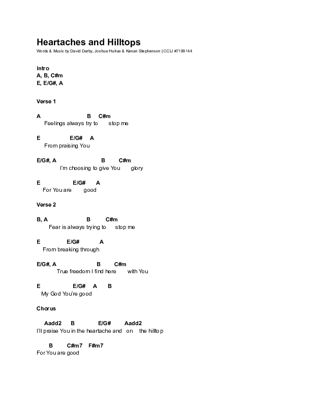 Heartaches And Hilltops Chord Chart (Equippers Worship)