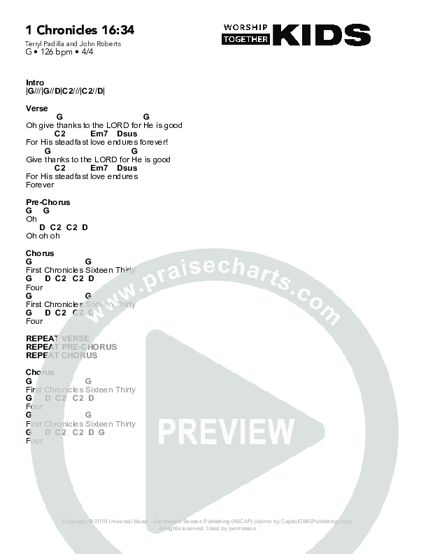 1 Chronicles 16:34 Chord Chart (Worship Together Kids)