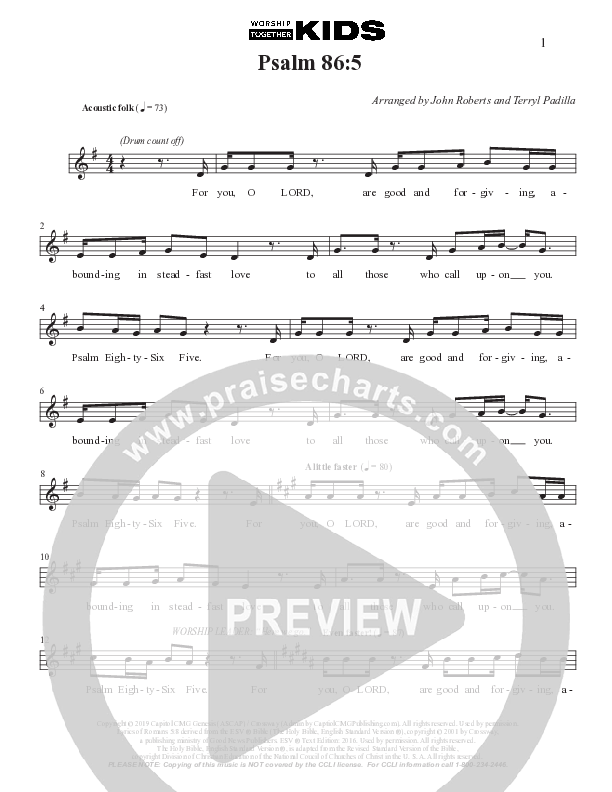 Psalm 86:5 Lead Sheet Melody (Worship Together Kids)