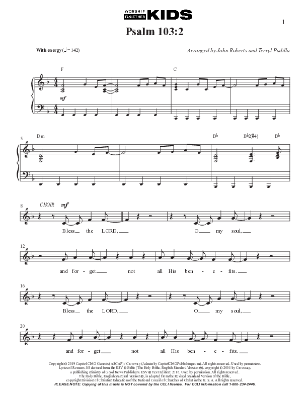 Psalm 103:2 Lead Sheet Melody (Worship Together Kids)