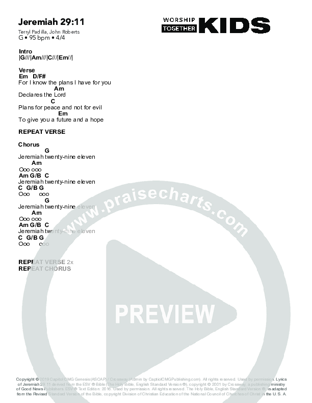 Jeremiah 29:11 Chord Chart (Worship Together Kids)