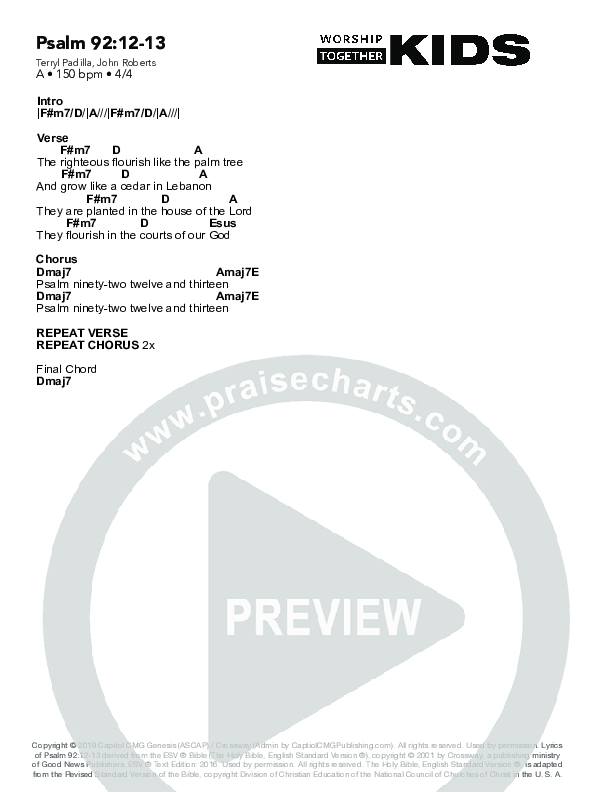 Psalm 92:12-13 Chord Chart (Worship Together Kids)
