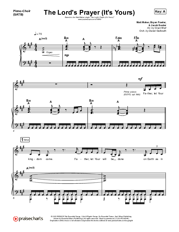 The Lord's Prayer (It's Yours) Piano/Vocal (SATB) (Matt Maher)