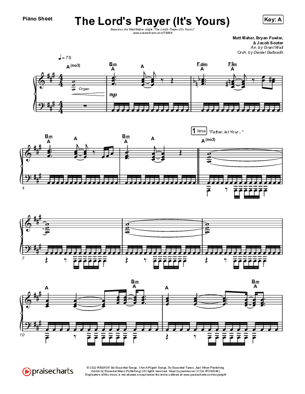 The Lord's Prayer (It's Yours) Piano Sheet (Matt Maher)