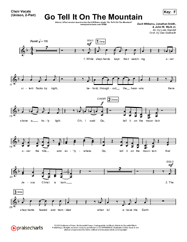 Go Tell It On The Mountain (Unison/2-Part Choir) Choir Vocals (Uni/2-Part) (Zach Williams / Arr. Luke Gambill)
