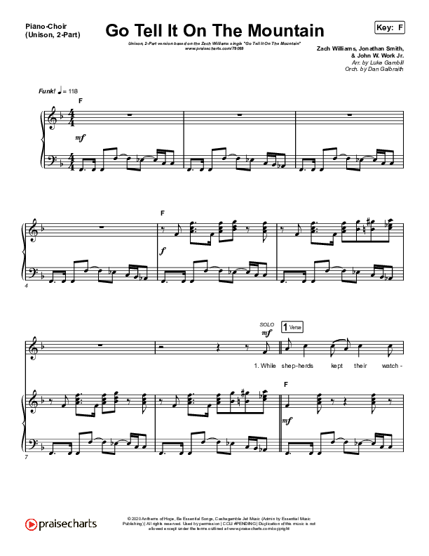 Go Tell It On The Mountain (Unison/2-Part Choir) Piano/Choir  (Uni/2-Part) (Zach Williams / Arr. Luke Gambill)