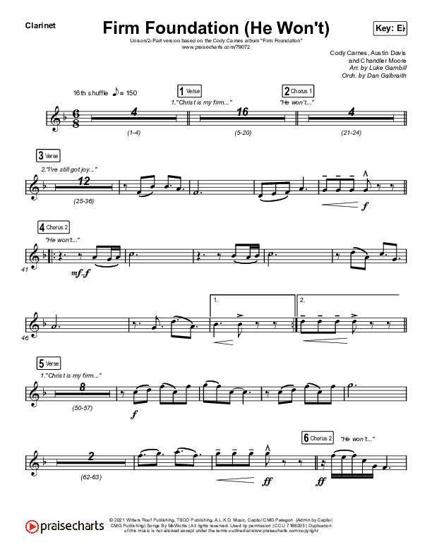 Firm Foundation (He Won't) (Unison/2-Part Choir) Clarinet (Cody Carnes / Arr. Luke Gambill)