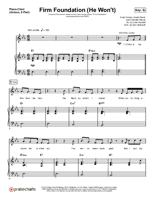 Firm Foundation (He Won't) (Unison/2-Part Choir) Piano/Choir  (Uni/2-Part) (Cody Carnes / Arr. Luke Gambill)