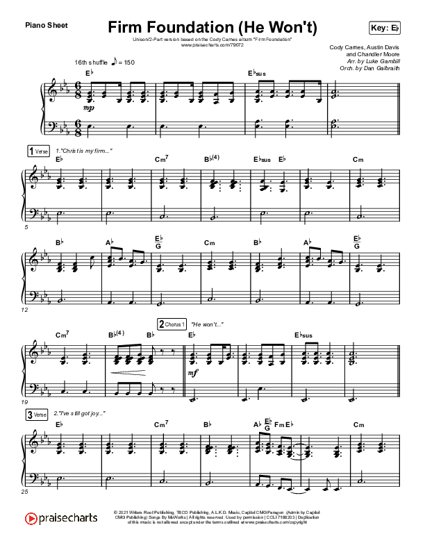Firm Foundation (He Won't) (Unison/2-Part Choir) Piano Sheet (Cody Carnes / Arr. Luke Gambill)