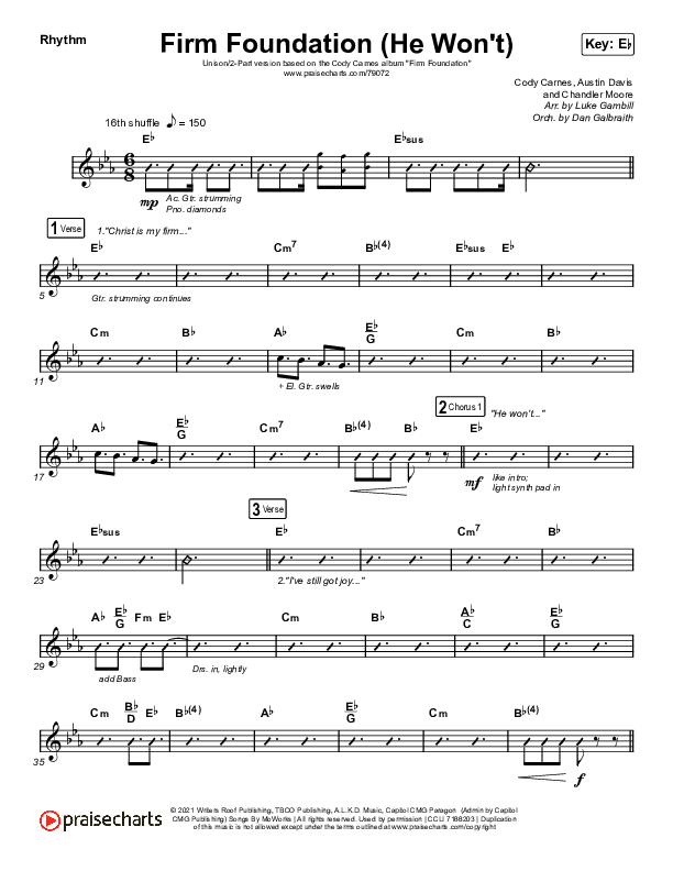 Firm Foundation (He Won't) (Unison/2-Part Choir) Rhythm Chart (Cody Carnes / Arr. Luke Gambill)
