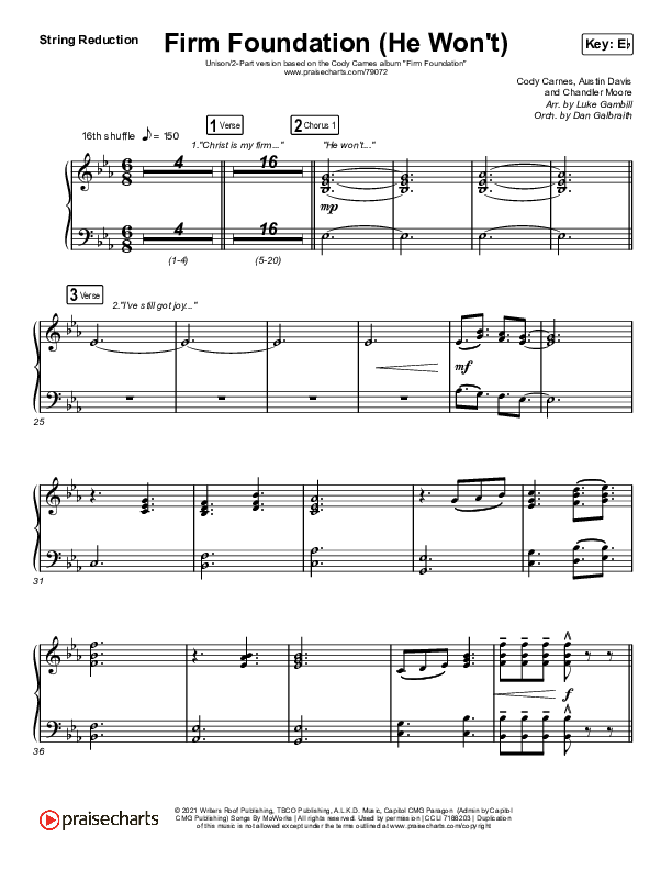 Firm Foundation (He Won't) (Unison/2-Part Choir) String Reduction (Cody Carnes / Arr. Luke Gambill)