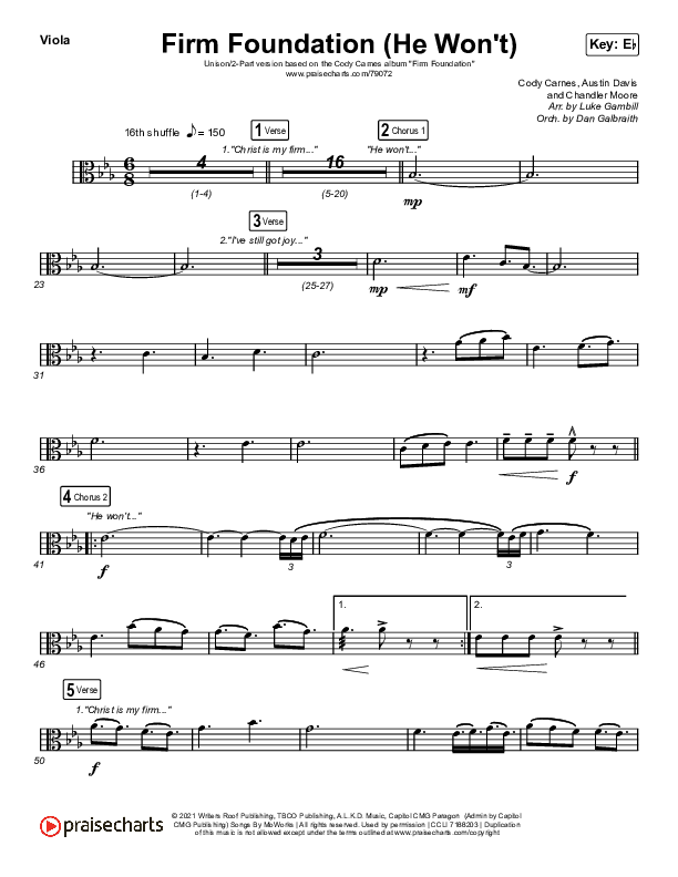 Firm Foundation (He Won't) (Unison/2-Part Choir) Viola (Cody Carnes / Arr. Luke Gambill)