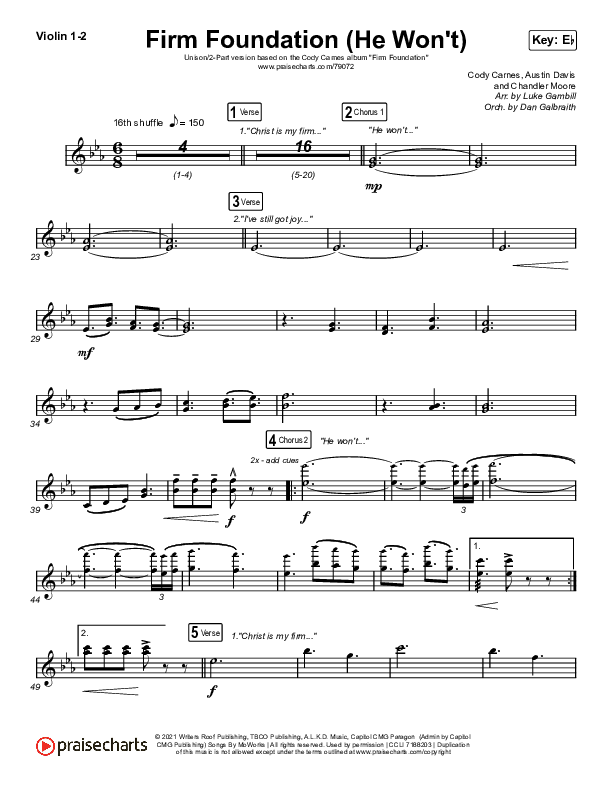 Firm Foundation (He Won't) (Unison/2-Part Choir) String Pack (Cody Carnes / Arr. Luke Gambill)