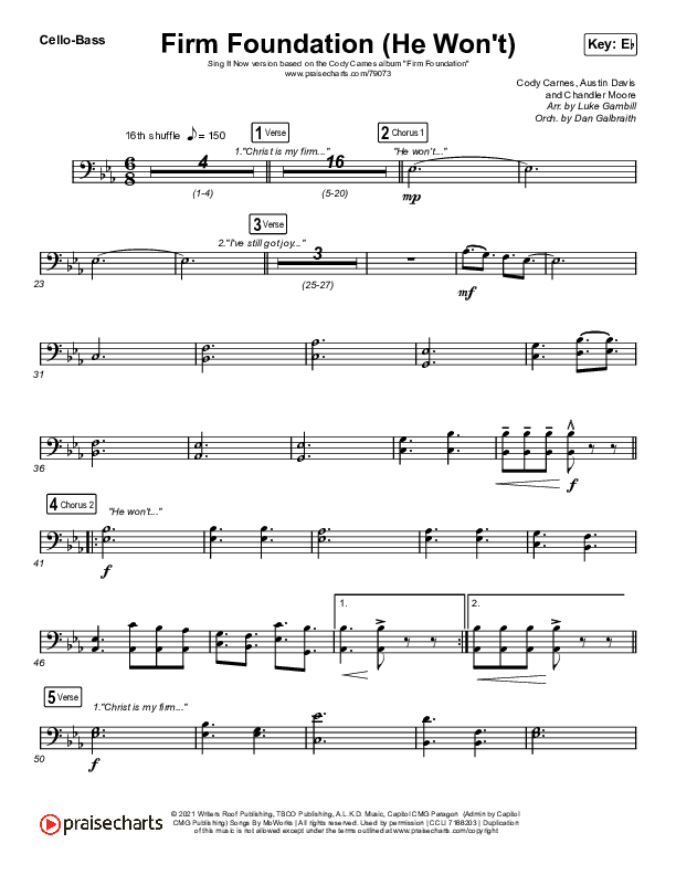 Firm Foundation (He Won't) (Sing It Now SATB) Cello/Bass (Cody Carnes / Arr. Luke Gambill)