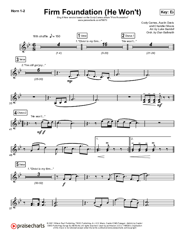 Firm Foundation (He Won't) (Sing It Now SATB) French Horn 1/2 (Cody Carnes / Arr. Luke Gambill)