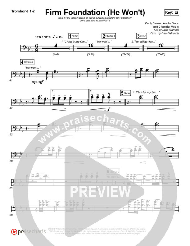 Firm Foundation (He Won't) (Sing It Now SATB) Trombone 1/2 (Cody Carnes / Arr. Luke Gambill)