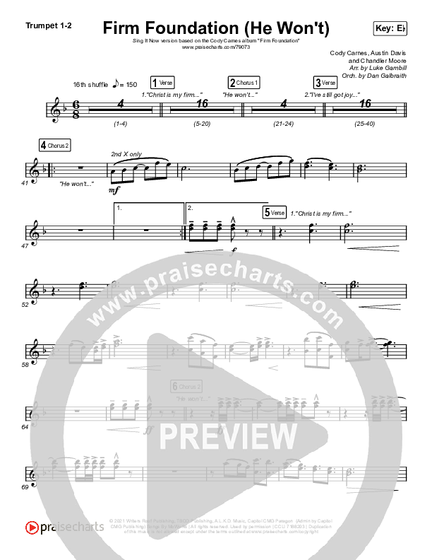 Firm Foundation (He Won't) (Sing It Now SATB) Trumpet 1,2 (Cody Carnes / Arr. Luke Gambill)