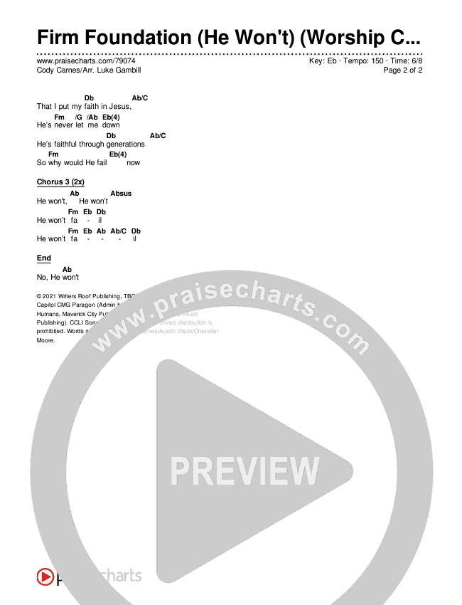 Firm Foundation (He Won't) (Worship Choir SAB) Chords & Lyrics (Cody Carnes / Arr. Luke Gambill)